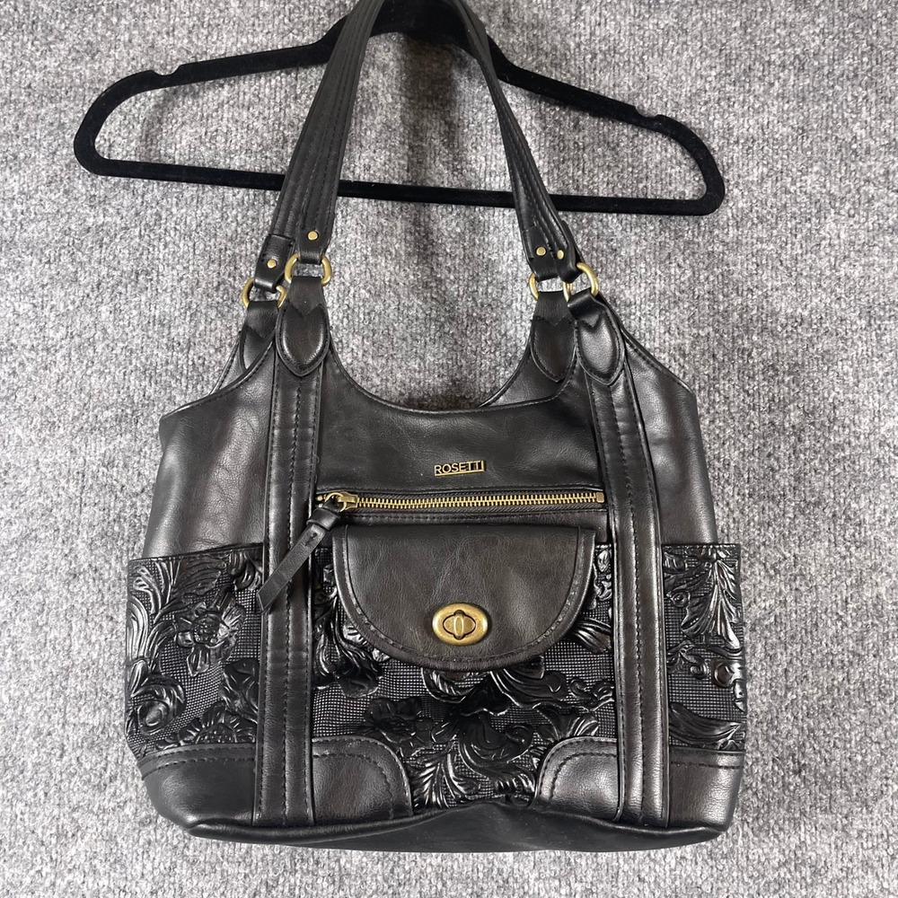 Rosetti Shoulder Bag Womens Large Black Floral Embossed Faux Leather Tote Purse